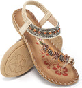 Women's Beaded Toe Ring Flat Sandals - Boho Straps and Flat Sole for Vacation and Daily Walking - 10