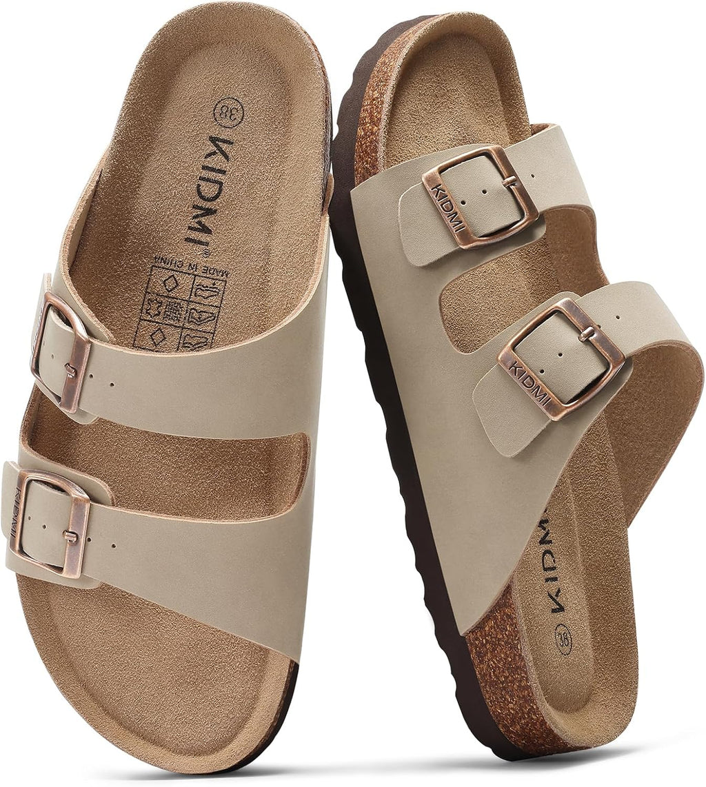 Cork Footbed Slide Sandals - Double Adjustable Buckle Straps with Mild Arch Support and Memory Foam Cushioning - 7.5 Wom