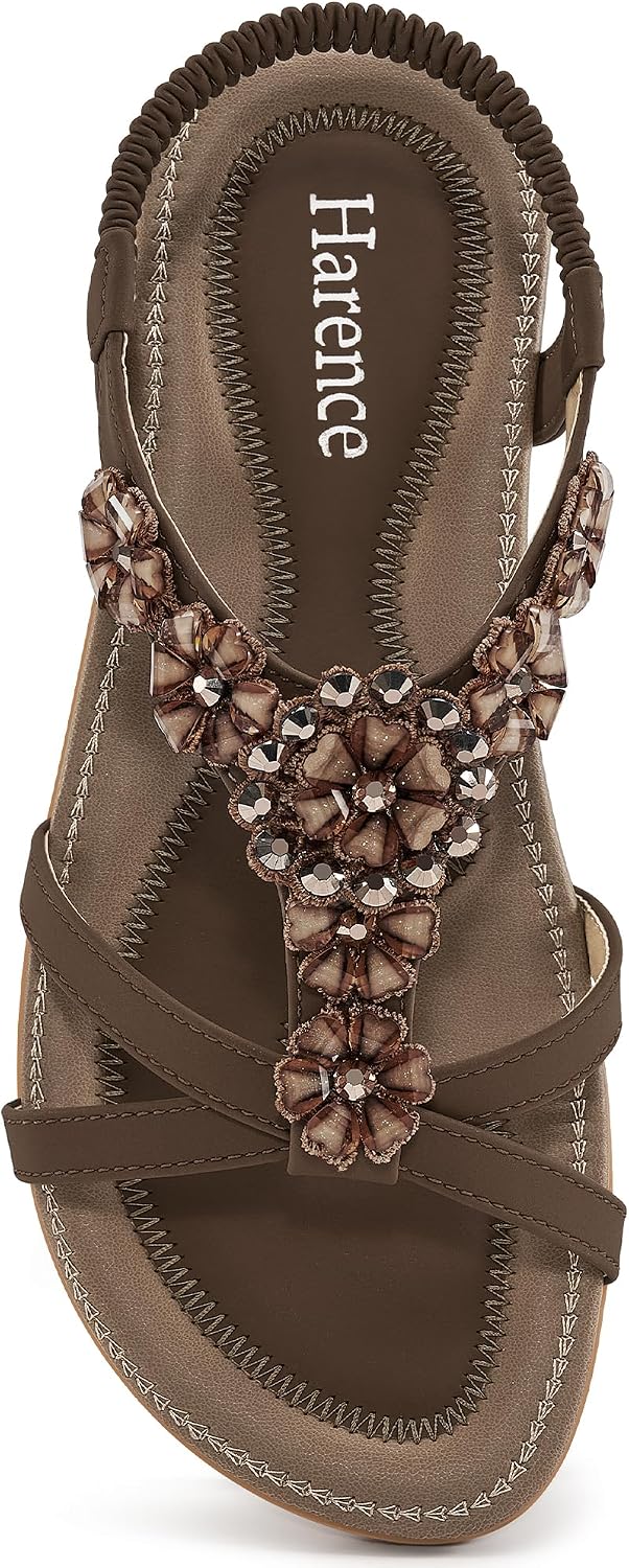 Women's Rhinestone Floral Flat Sandals - Bohemian Straps with Elastic Ankle Band for Summer Vacations - 6