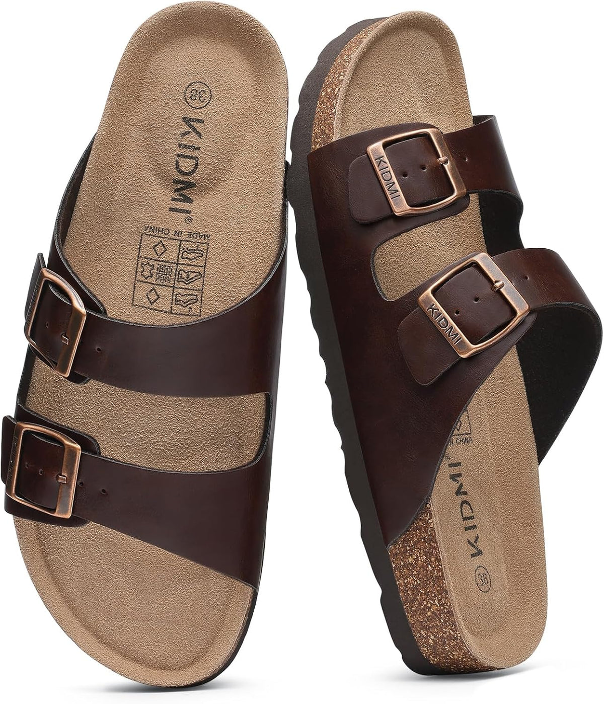Cork Footbed Slide Sandals - Double Adjustable Buckle Straps with Mild Arch Support and Memory Foam Cushioning - 7.5 Wom