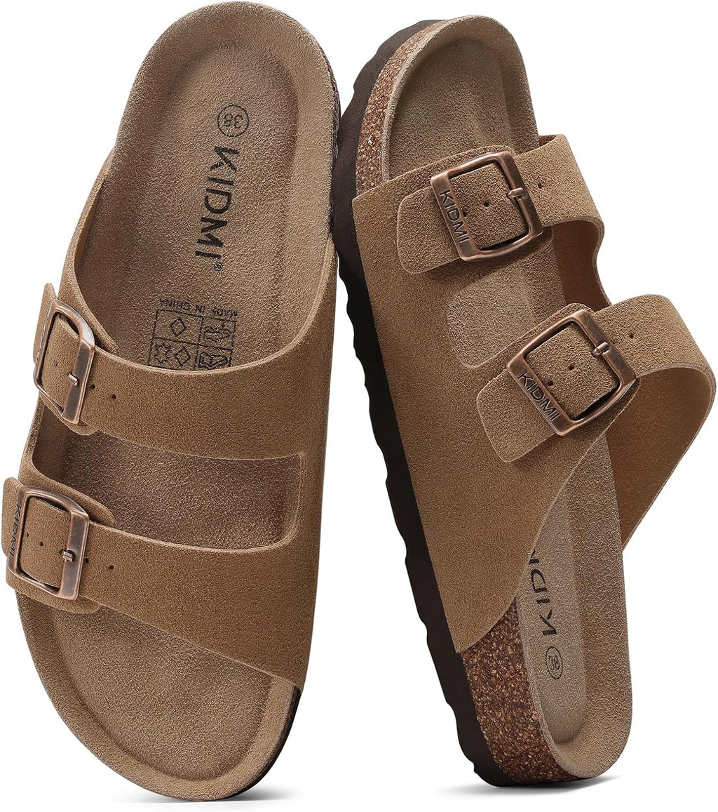 Cork Footbed Slide Sandals - Double Adjustable Buckle Straps with Mild Arch Support and Memory Foam Cushioning - 8 Women