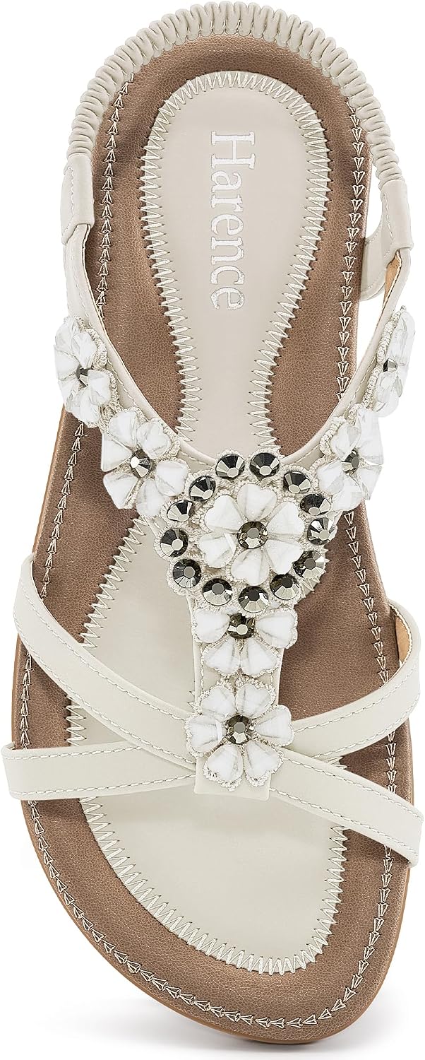 Women's Rhinestone Floral Flat Sandals - Bohemian Straps with Elastic Ankle Band for Summer Vacations - 6