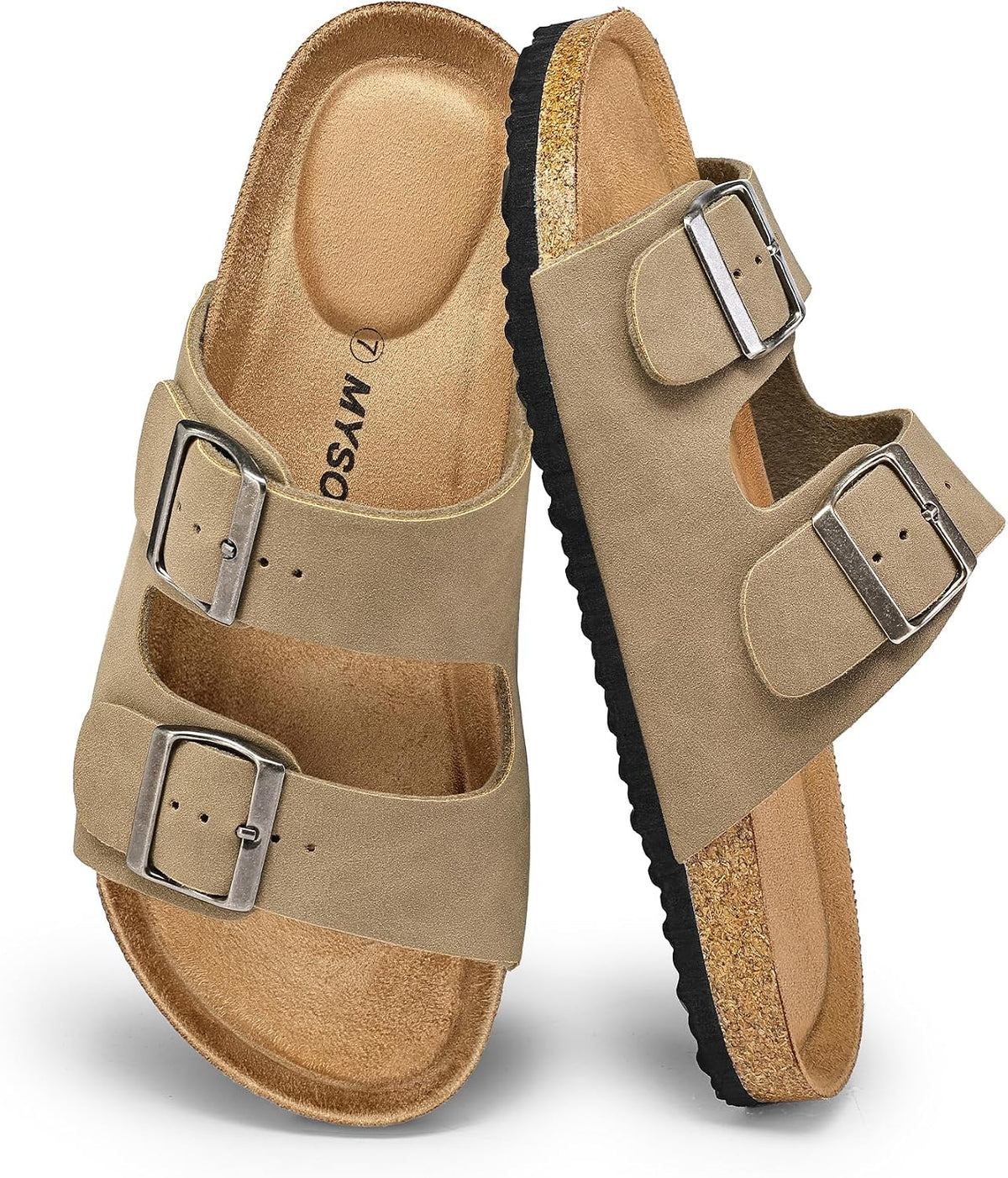 Women's Cork Footbed Flat Slide Sandals - Two Adjustable Buckle Straps and Lightweight Sole for Summer - 8