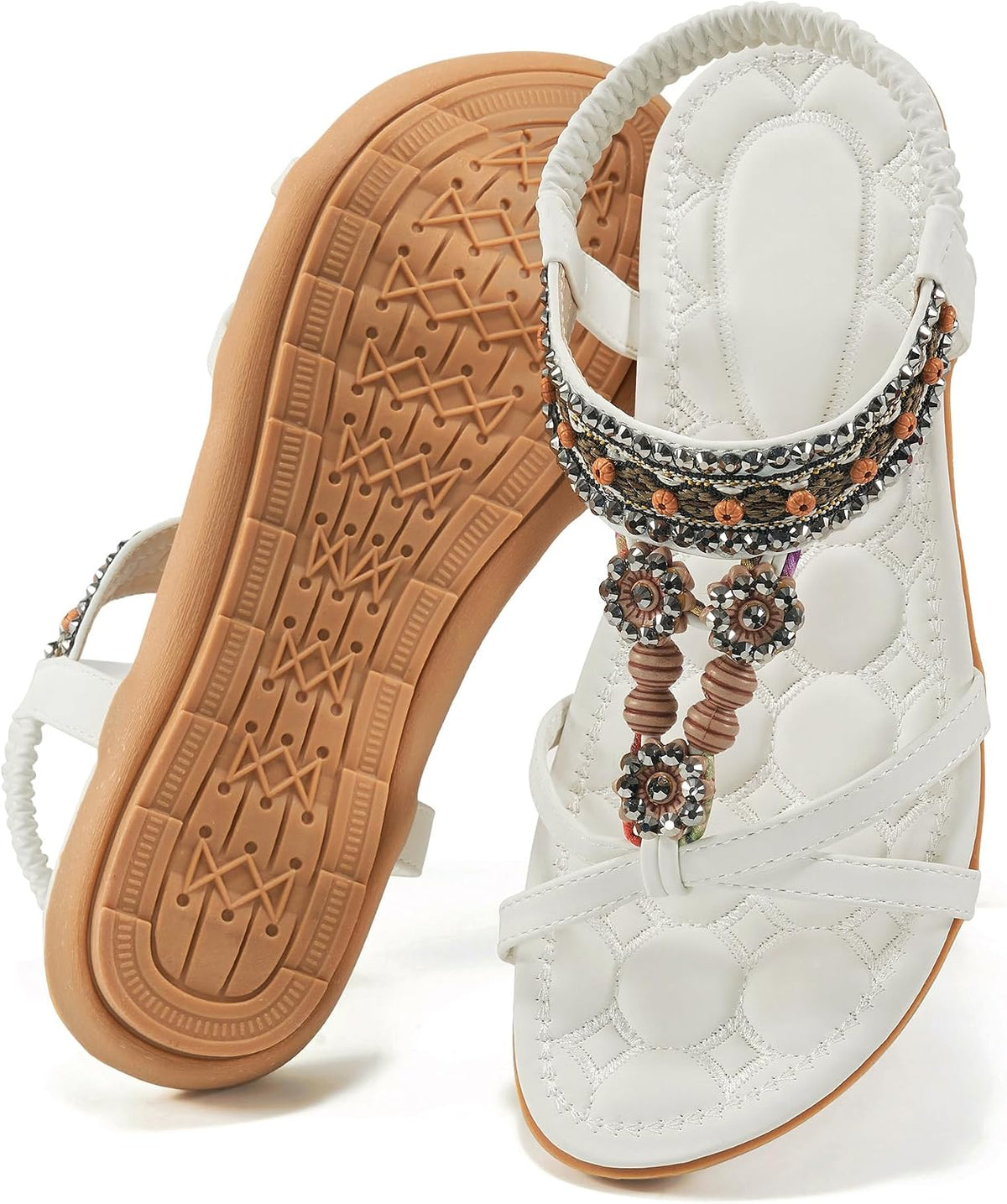 Women's Bohemian Flat Sandals - Elastic Ankle Strap and Level Flat Sole for Dressy Summer Walking - 6