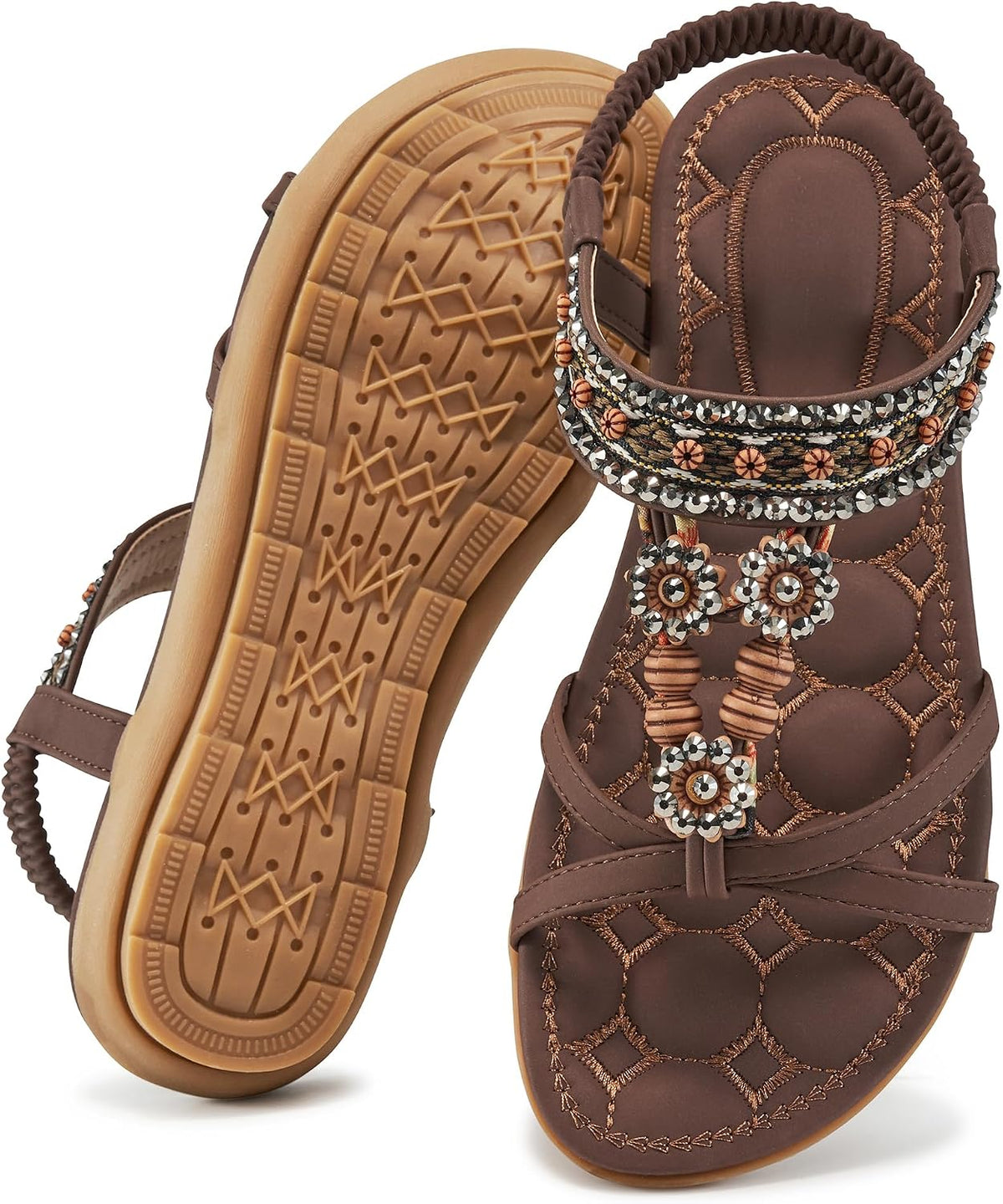 Women's Bohemian Flat Sandals - Elastic Ankle Strap and Level Flat Sole for Dressy Summer Walking - 7