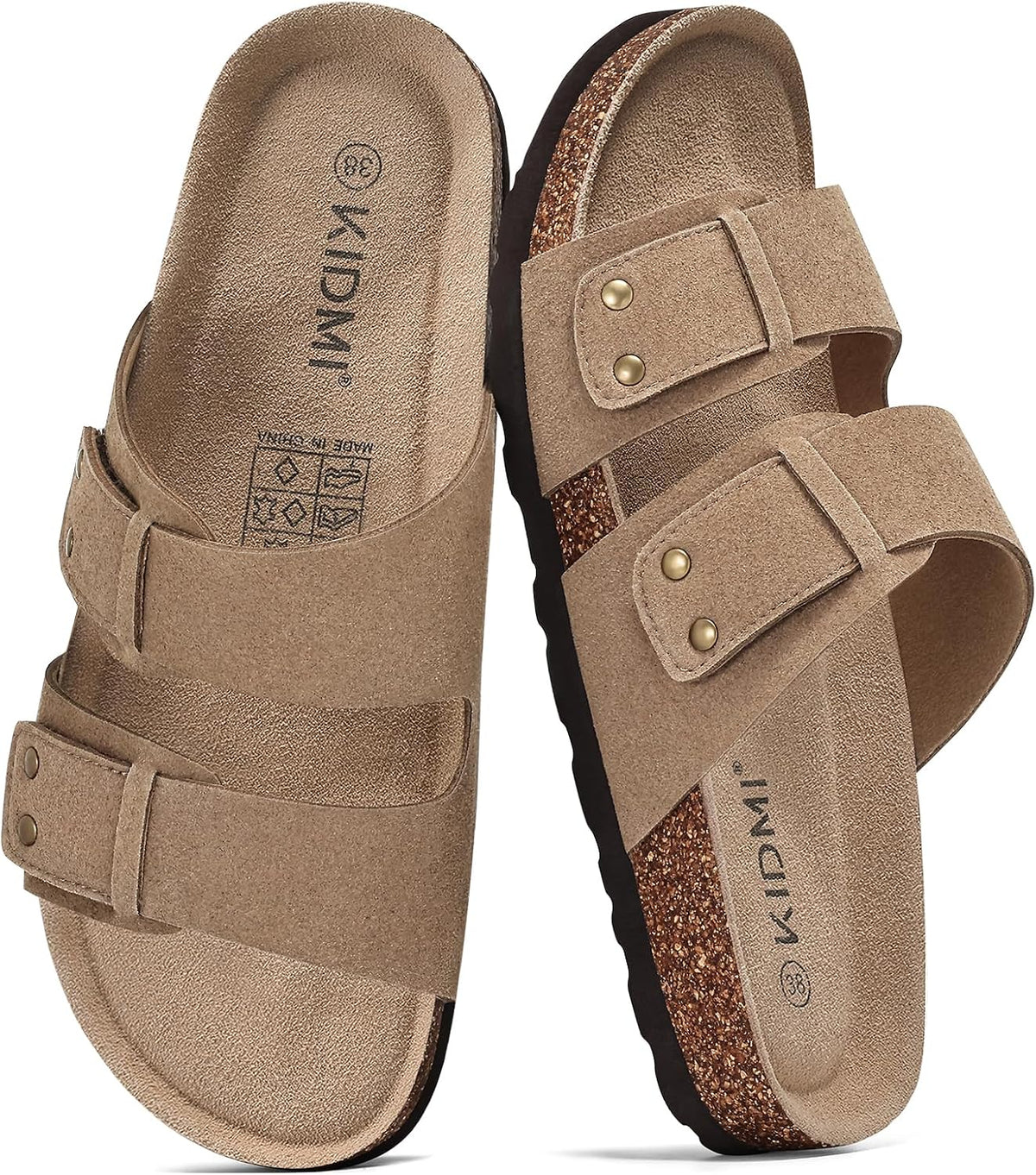 Cork Footbed Slide Sandals - Double Adjustable Buckle Straps with Mild Arch Support and Memory Foam Cushioning - 8 Women
