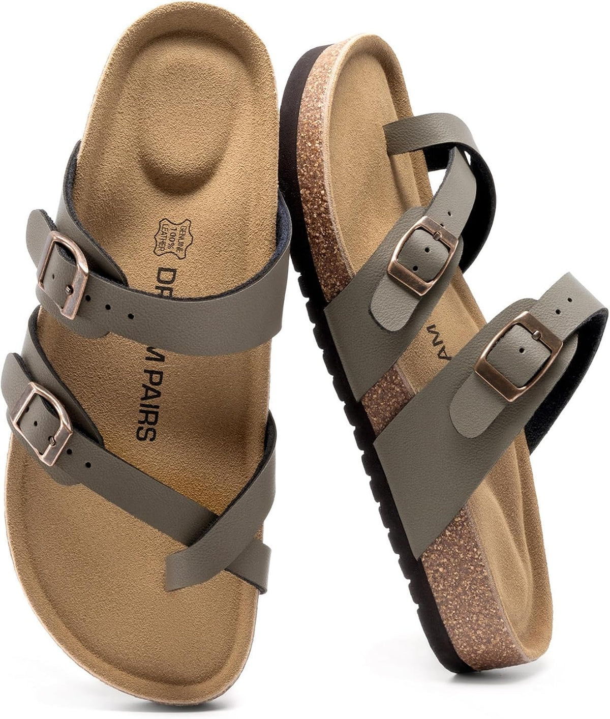 Women's Leather Cork Footbed Sandals - Memory Foam Insole with Adjustable Strap for Daily Casual Wear - 7