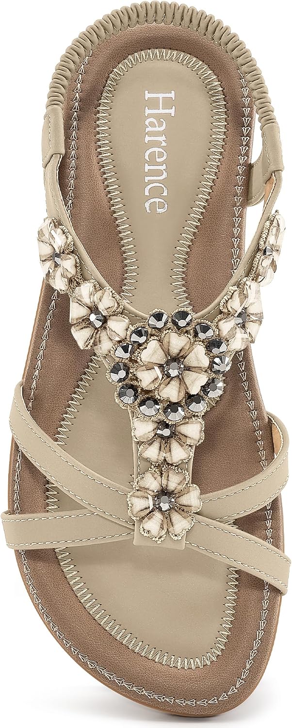 Women's Rhinestone Floral Flat Sandals - Bohemian Straps with Elastic Ankle Band for Summer Vacations - 6