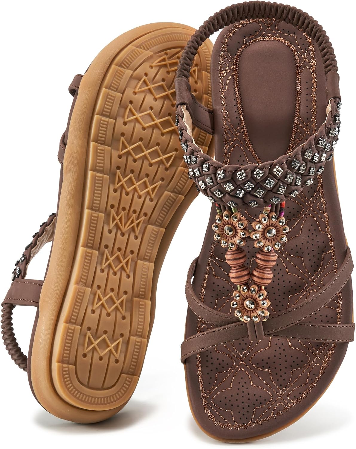 Women's Bohemian Summer Flat Sandals - Elastic Ankle Strap with Flat Sole for Casual Beach Walking - 6