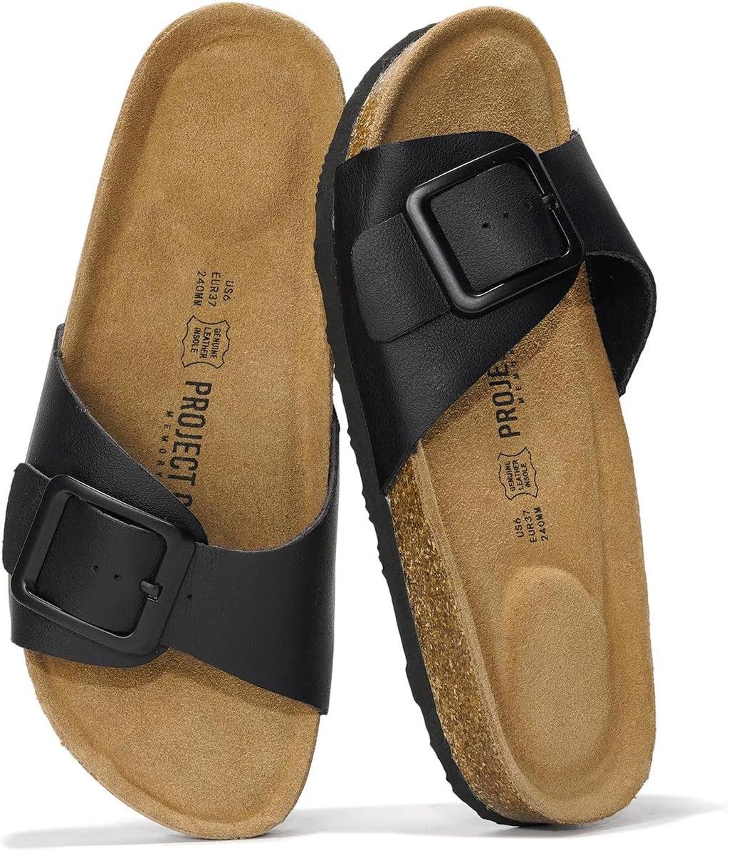 Women's Genuine Leather Slide Sandals - Memory Foam Insole and Buckle Strap for Everyday Summer Wear - 6
