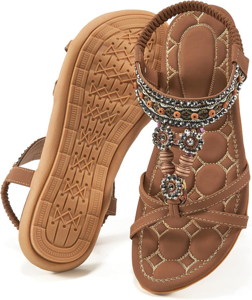 Women's Bohemian Flat Sandals - Elastic Ankle Strap and Level Flat Sole for Dressy Summer Walking - 6