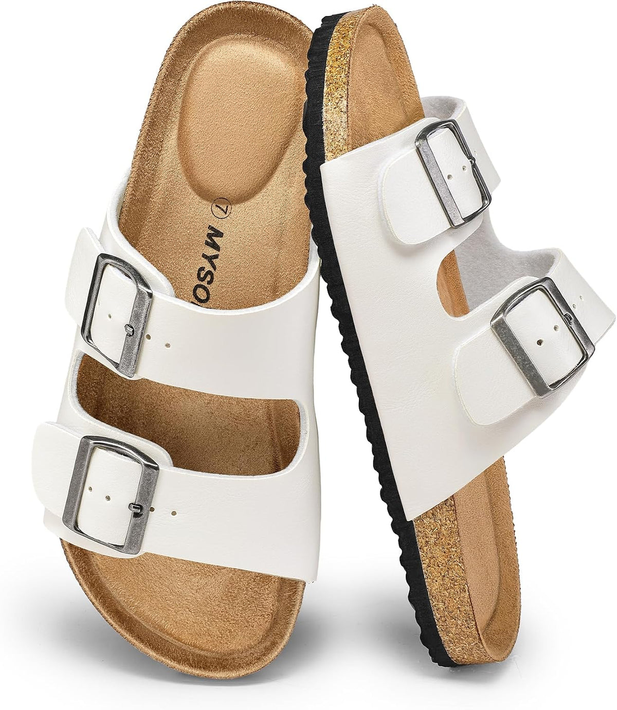 Women's Cork Footbed Flat Slide Sandals - Two Adjustable Buckle Straps and Lightweight Sole for Summer - 7