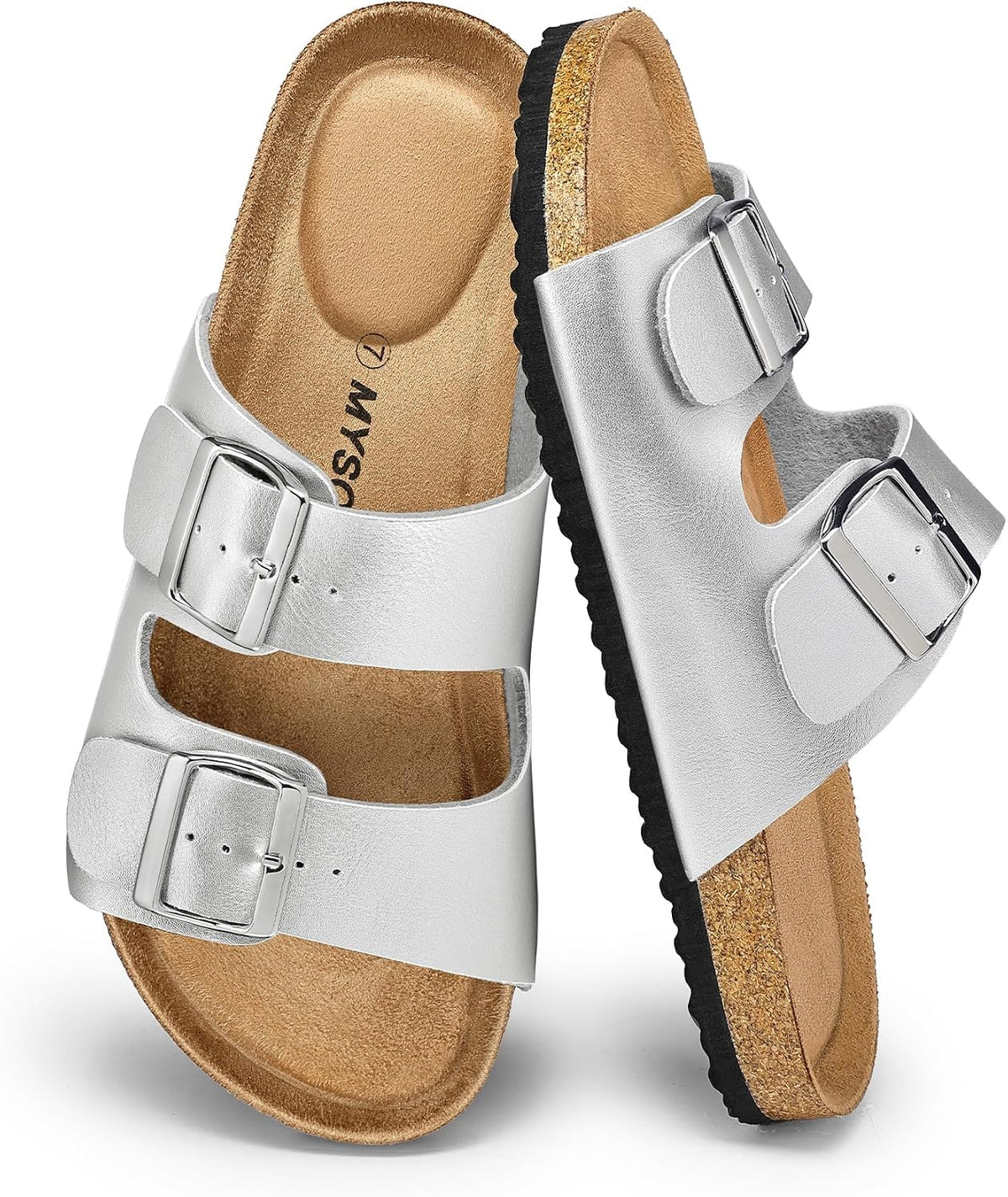 Women's Cork Footbed Flat Slide Sandals - Two Adjustable Buckle Straps and Lightweight Sole for Summer - 6