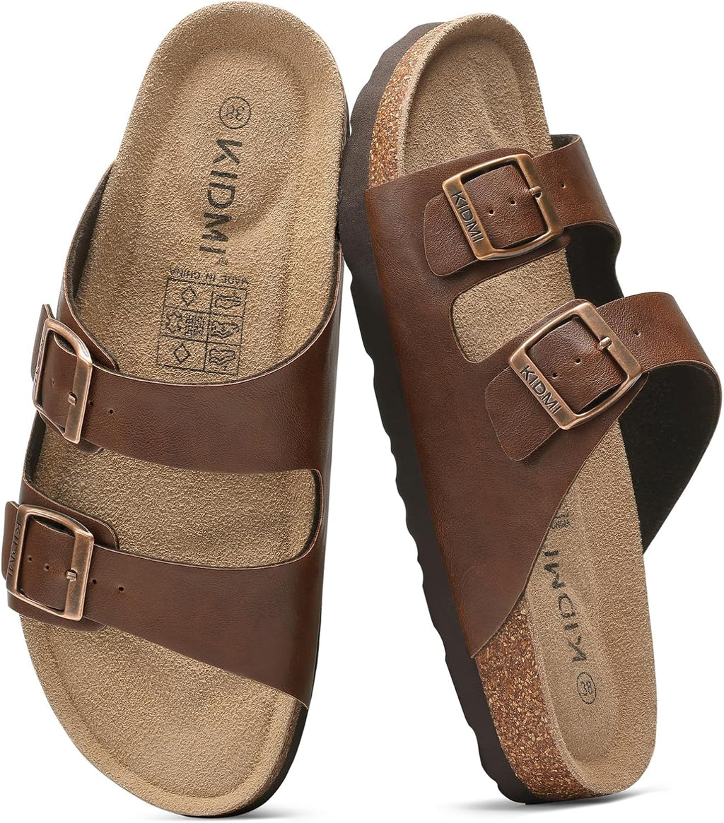 Cork Footbed Slide Sandals - Double Adjustable Buckle Straps with Mild Arch Support and Memory Foam Cushioning - 8 Women