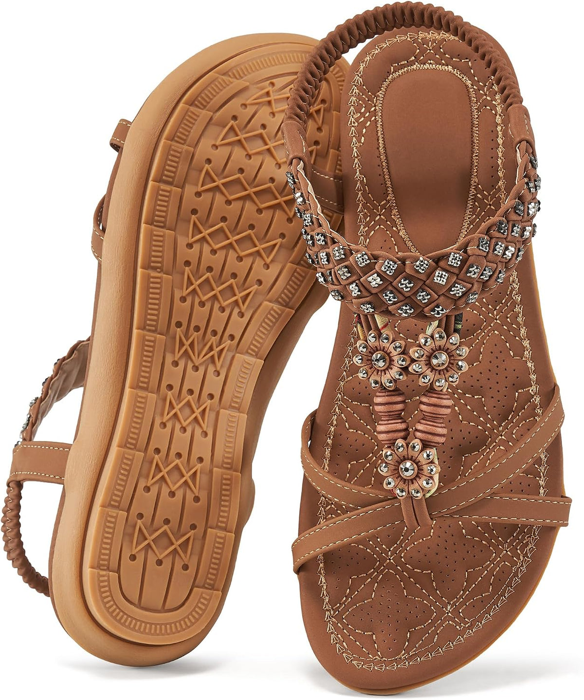 Women's Bohemian Summer Flat Sandals - Elastic Ankle Strap with Flat Sole for Casual Beach Walking - 6