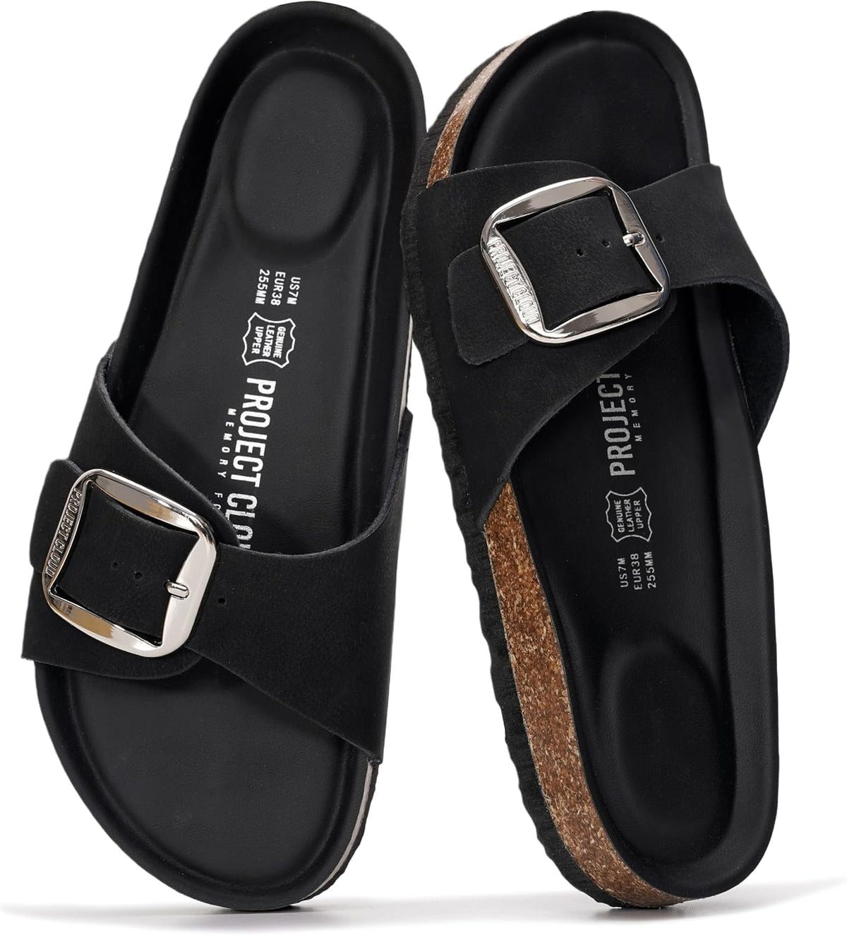 Women's Genuine Leather Slide Sandals - Memory Foam Insole and Buckle Strap for Everyday Summer Wear - 10