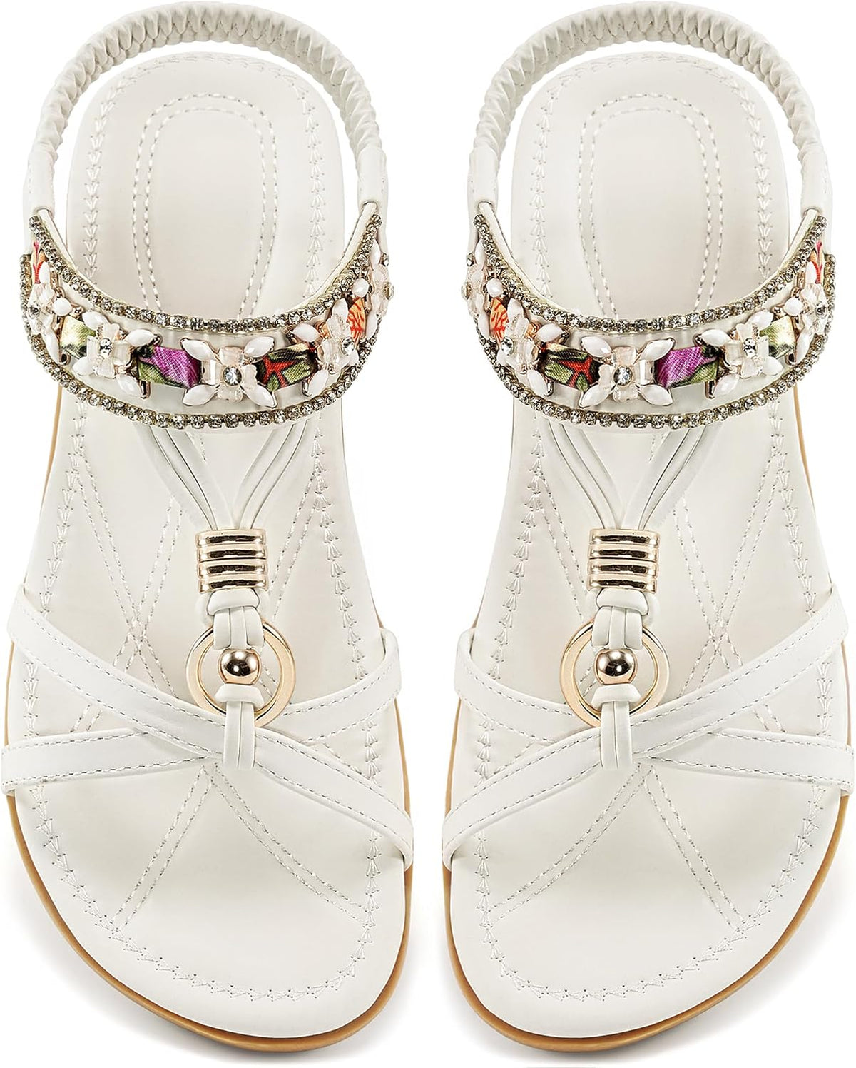 Women's Bohemian Elastic Strap Sandals - Soft Cushioned Flat Footbed for All Day Summer Walking - 6