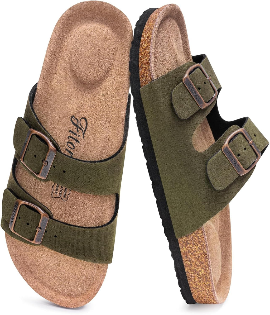 Women's Cork Footbed Slide Sandals - Open Toe with Adjustable Buckle Straps and Built In Arch Support - 7
