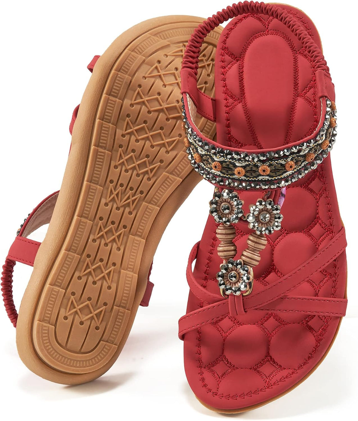 Women's Bohemian Flat Sandals - Elastic Ankle Strap and Level Flat Sole for Dressy Summer Walking - 7