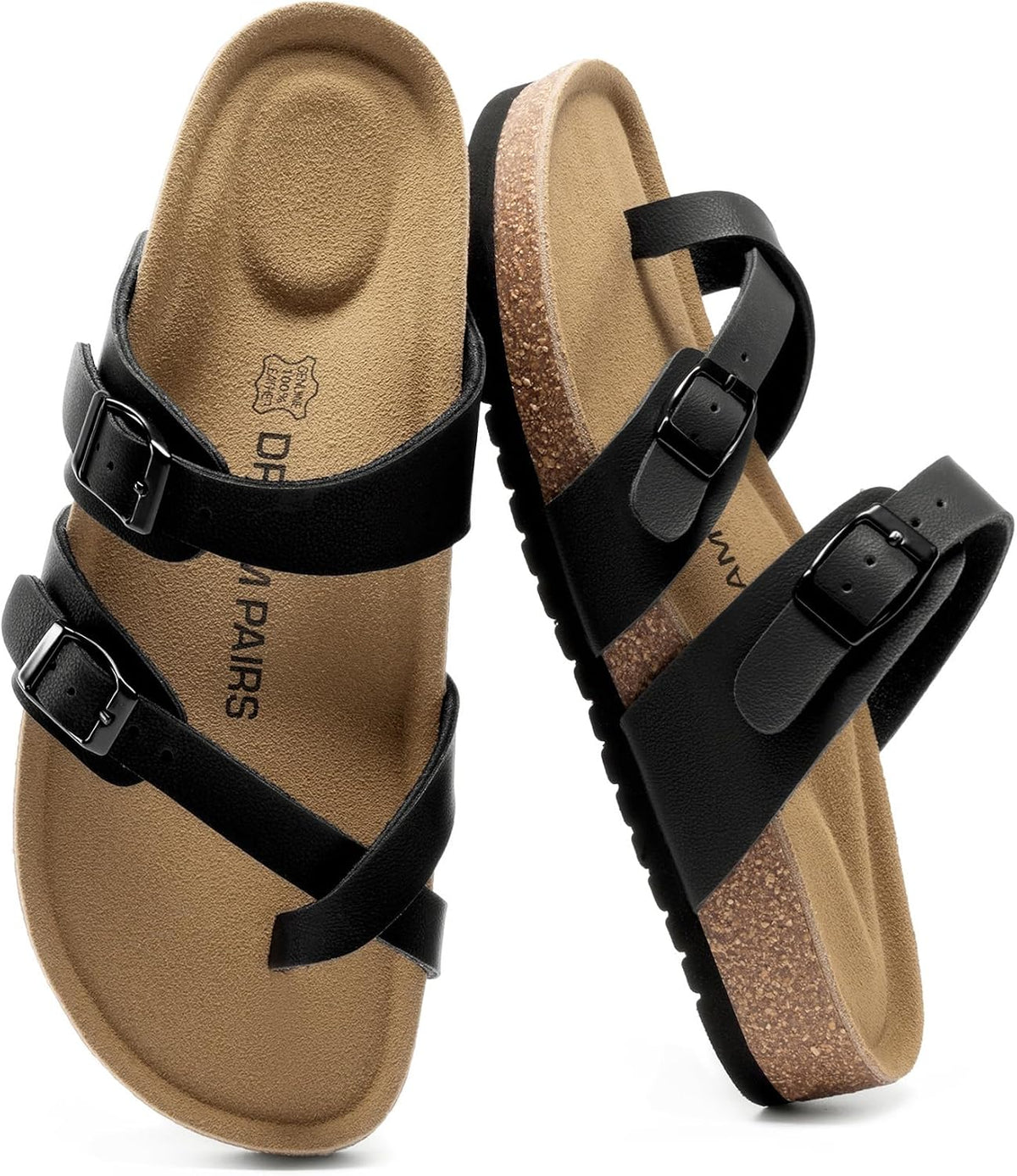 Women's Leather Cork Footbed Sandals - Memory Foam Insole with Adjustable Strap for Daily Casual Wear - 7