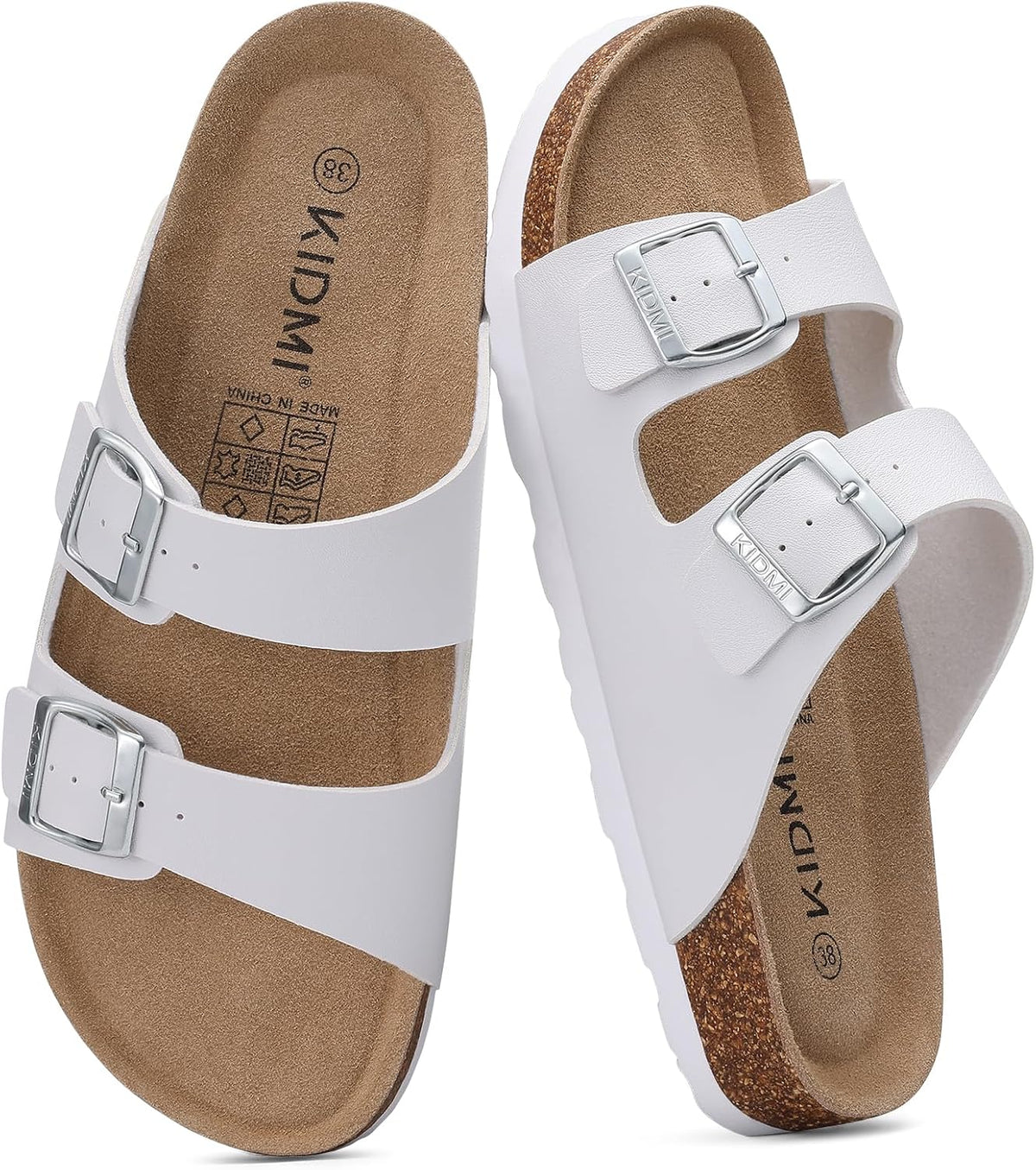 Cork Footbed Slide Sandals - Double Adjustable Buckle Straps with Mild Arch Support and Memory Foam Cushioning - 7.5 Wom