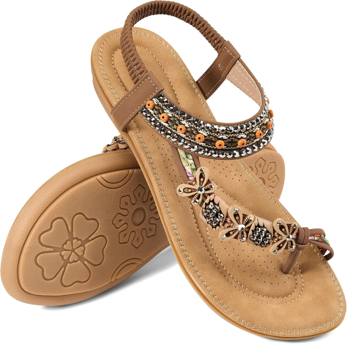 Women's Beaded Toe Ring Flat Sandals - Boho Straps and Flat Sole for Vacation and Daily Walking - 10