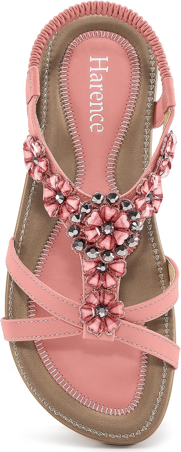 Women's Rhinestone Floral Flat Sandals - Bohemian Straps with Elastic Ankle Band for Summer Vacations - 7