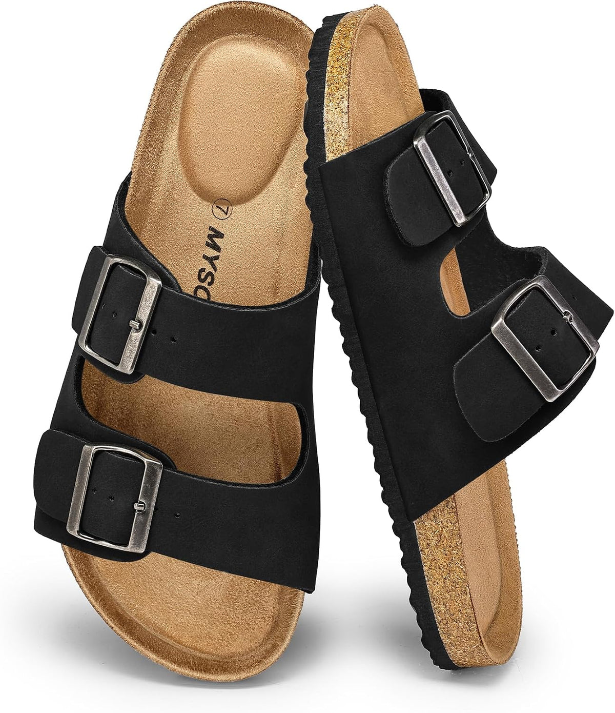 Women's Cork Footbed Flat Slide Sandals - Two Adjustable Buckle Straps and Lightweight Sole for Summer - 6