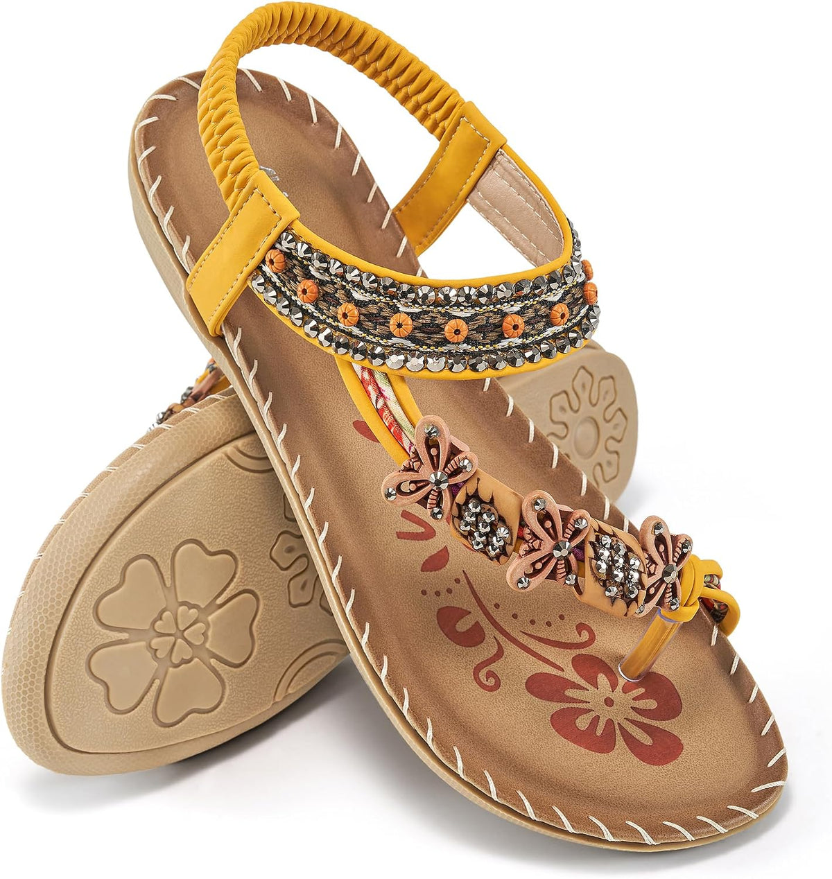 Women's Beaded Toe Ring Flat Sandals - Boho Straps and Flat Sole for Vacation and Daily Walking - 6