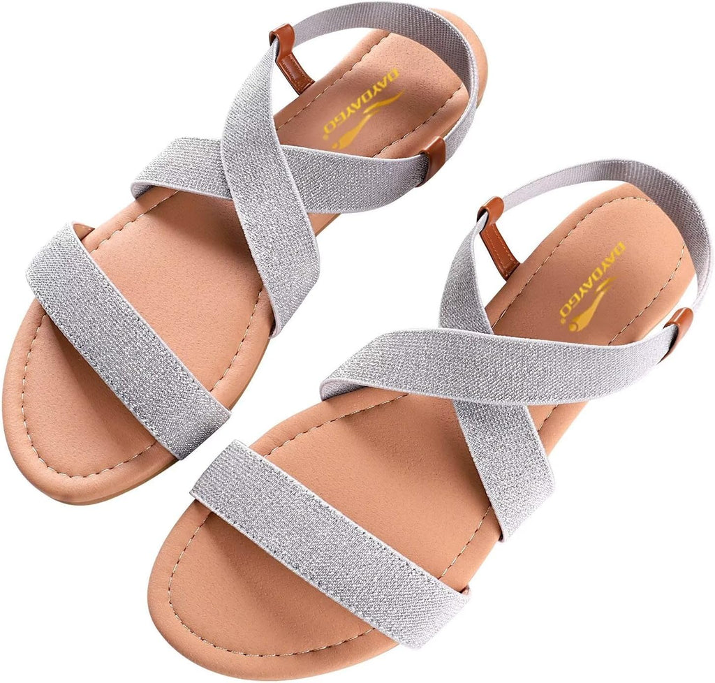 Women's Elastic Strap Flat Sandals - Stretch Ankle Band with Flat Sole for Everyday Summer Wear - 6