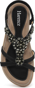 Women's Rhinestone Floral Flat Sandals - Bohemian Straps with Elastic Ankle Band for Summer Vacations - 6