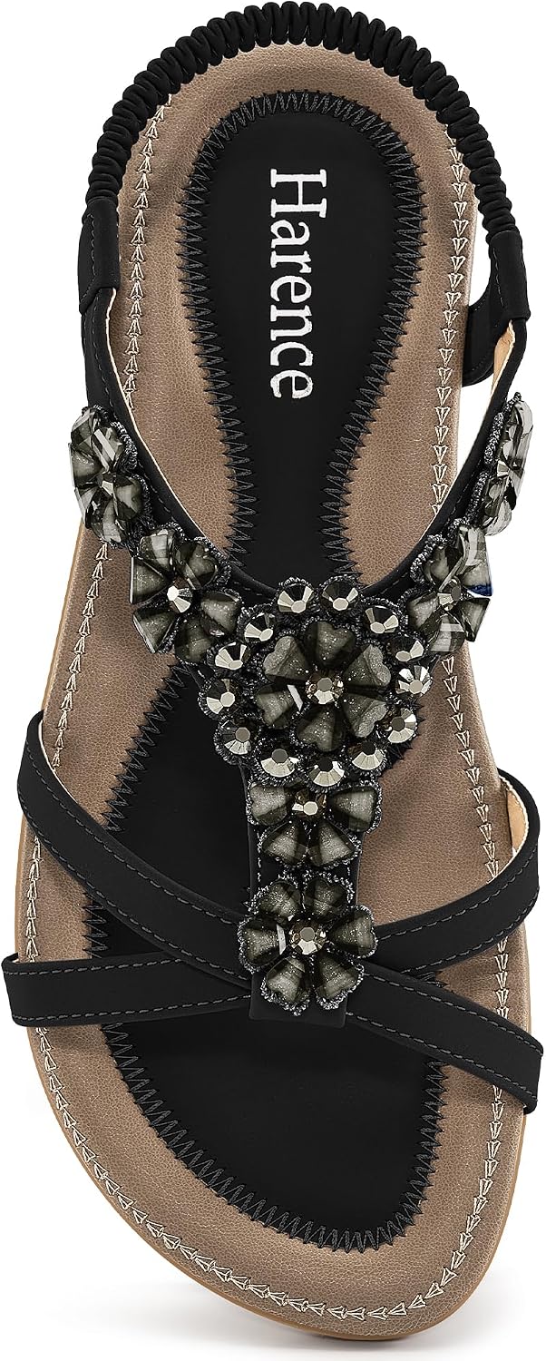 Women's Rhinestone Floral Flat Sandals - Bohemian Straps with Elastic Ankle Band for Summer Vacations - 6