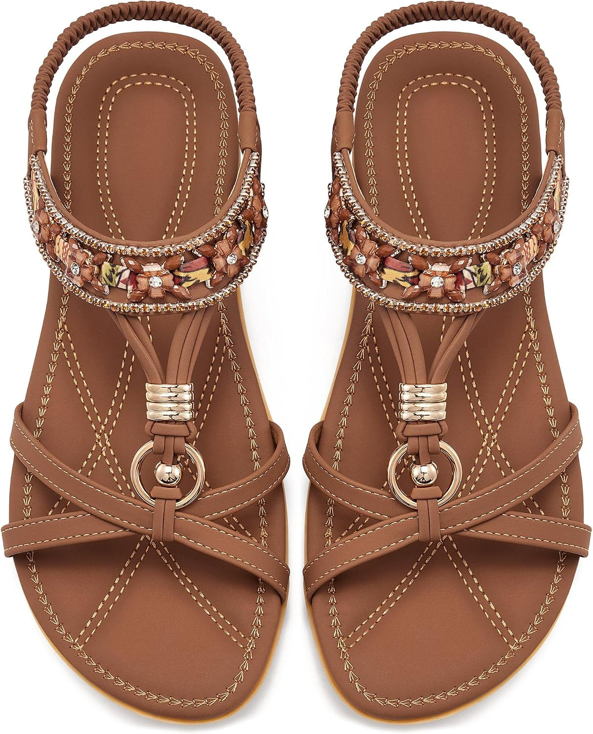 Women's Bohemian Elastic Strap Sandals - Soft Cushioned Flat Footbed for All Day Summer Walking - 6