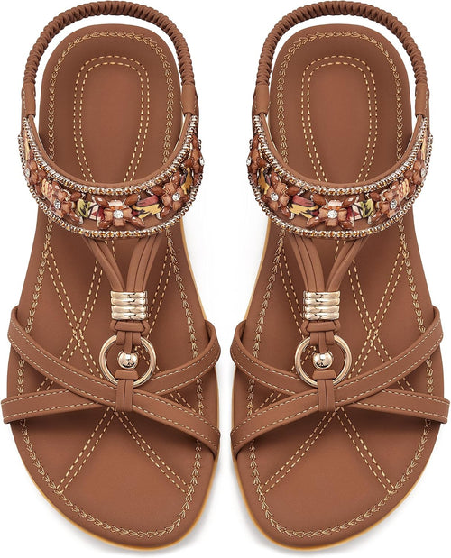 Women's Bohemian Elastic Strap Sandals - Soft Cushioned Flat Footbed for All Day Summer Walking - 6