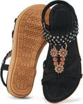 Women's Bohemian Summer Flat Sandals - Elastic Ankle Strap with Flat Sole for Casual Beach Walking - 6