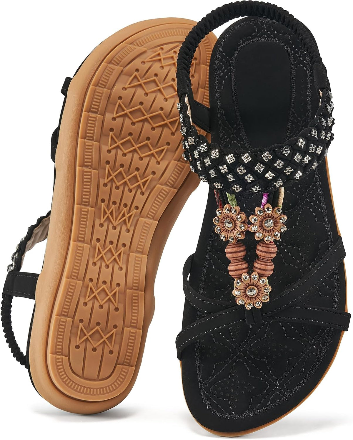 Women's Bohemian Summer Flat Sandals - Elastic Ankle Strap with Flat Sole for Casual Beach Walking - 6