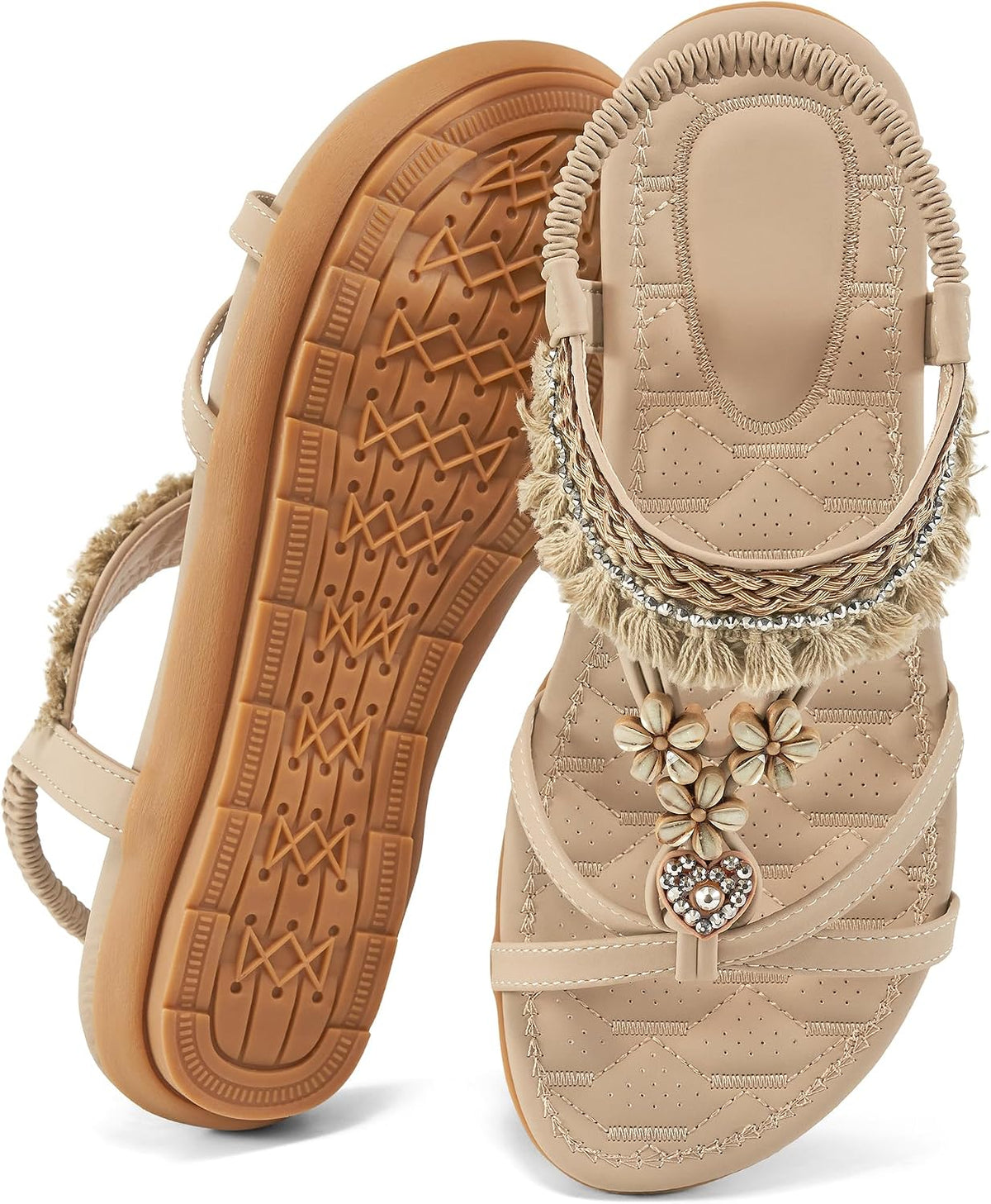 Women's Casual Flat Sandals - Bohemian Woven Vamp with Stretch Ankle Strap for Summer Walking - 6