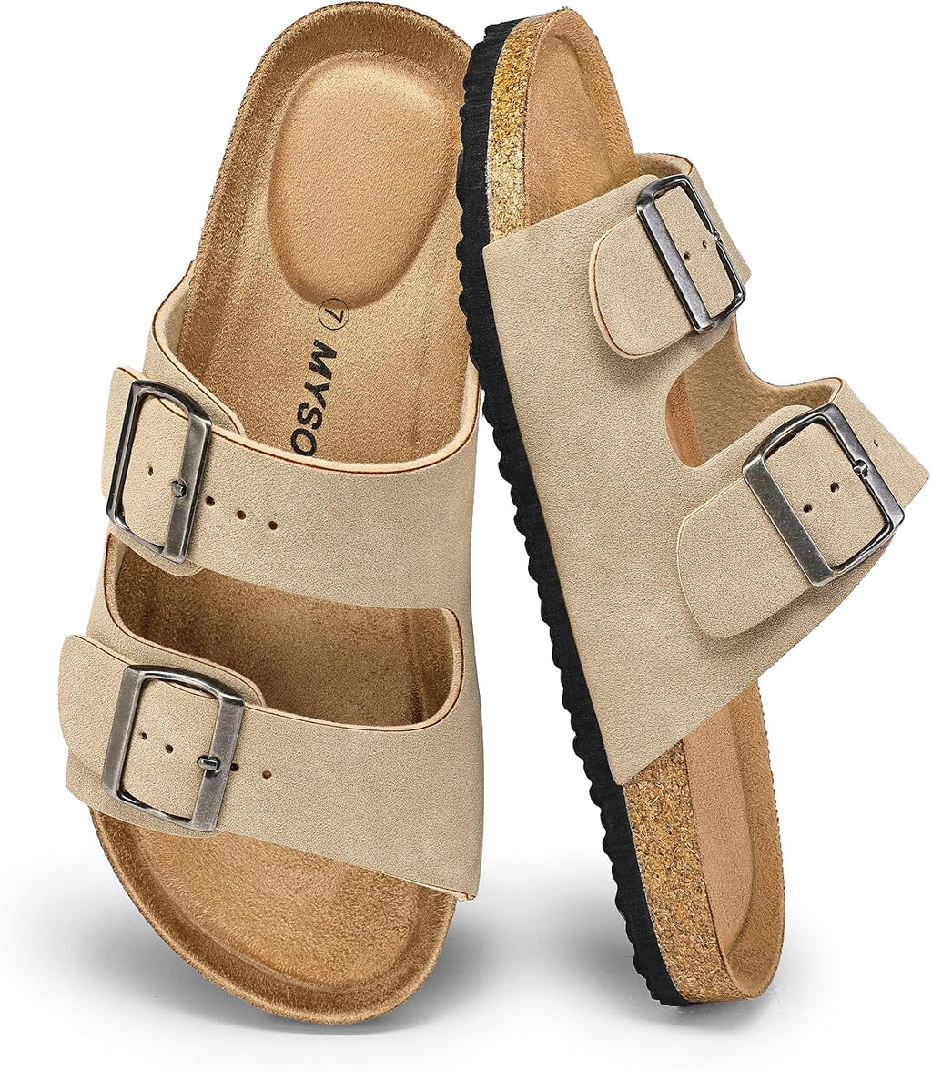 Women's Cork Footbed Flat Slide Sandals - Two Adjustable Buckle Straps and Lightweight Sole for Summer - 6