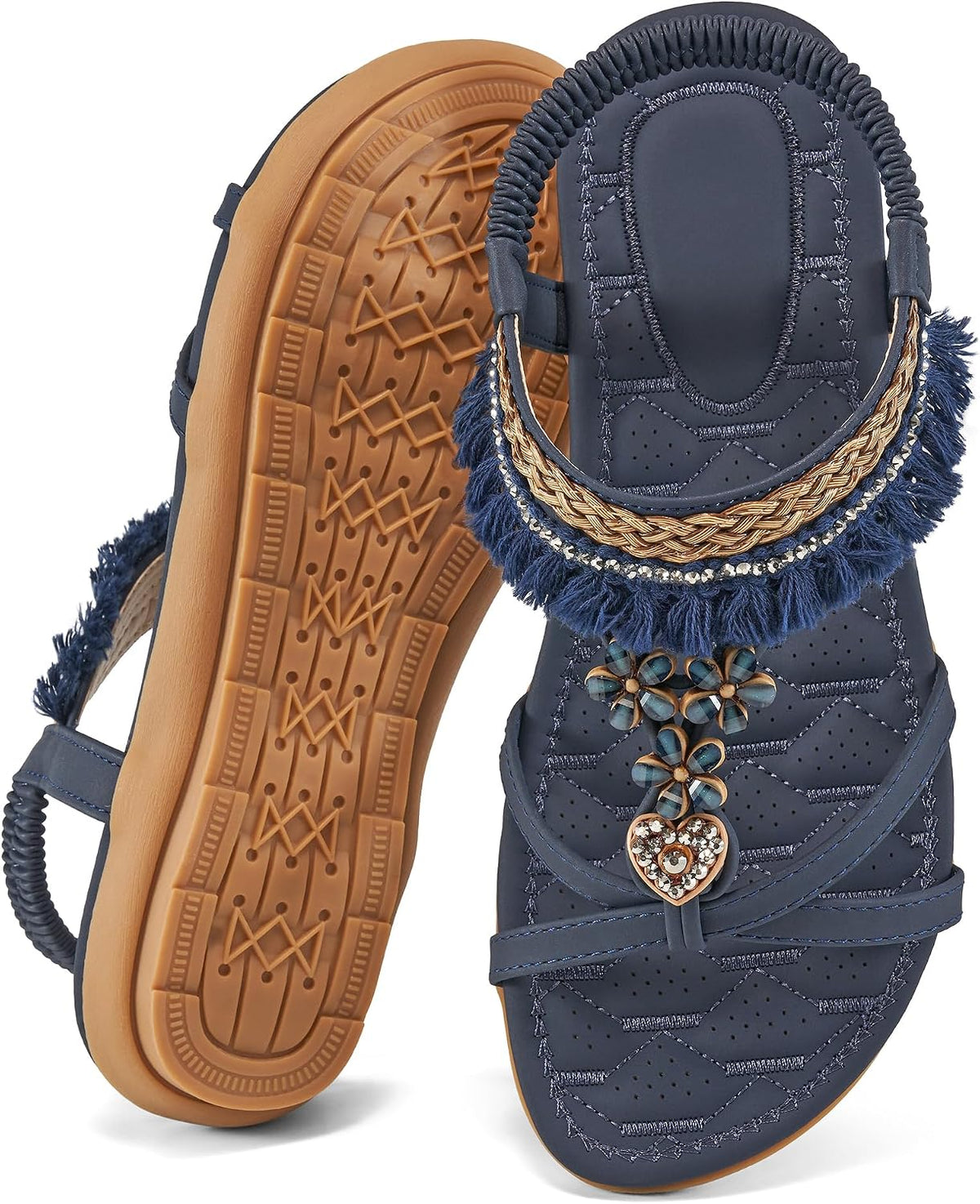 Women's Casual Flat Sandals - Bohemian Woven Vamp with Stretch Ankle Strap for Summer Walking - 6