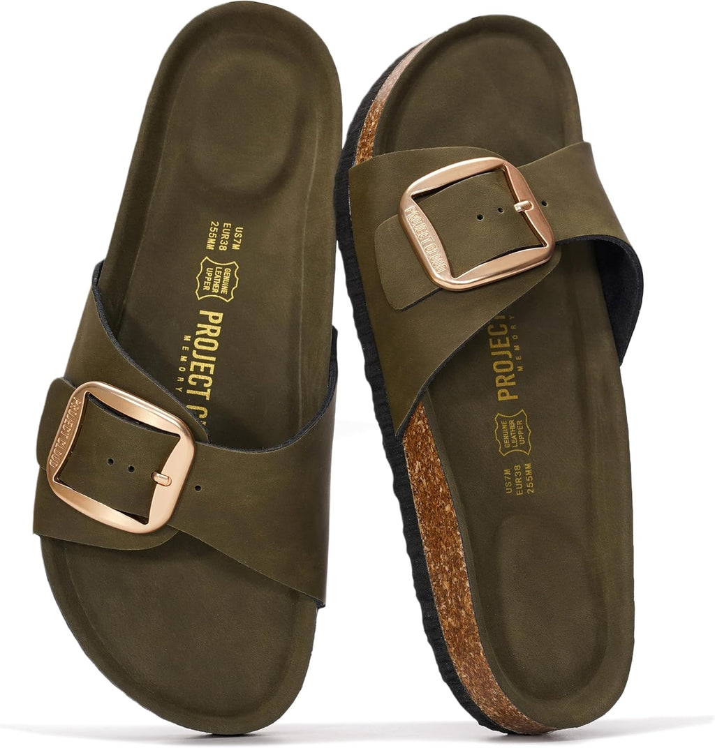 Women's Genuine Leather Slide Sandals - Memory Foam Insole and Buckle Strap for Everyday Summer Wear - 8