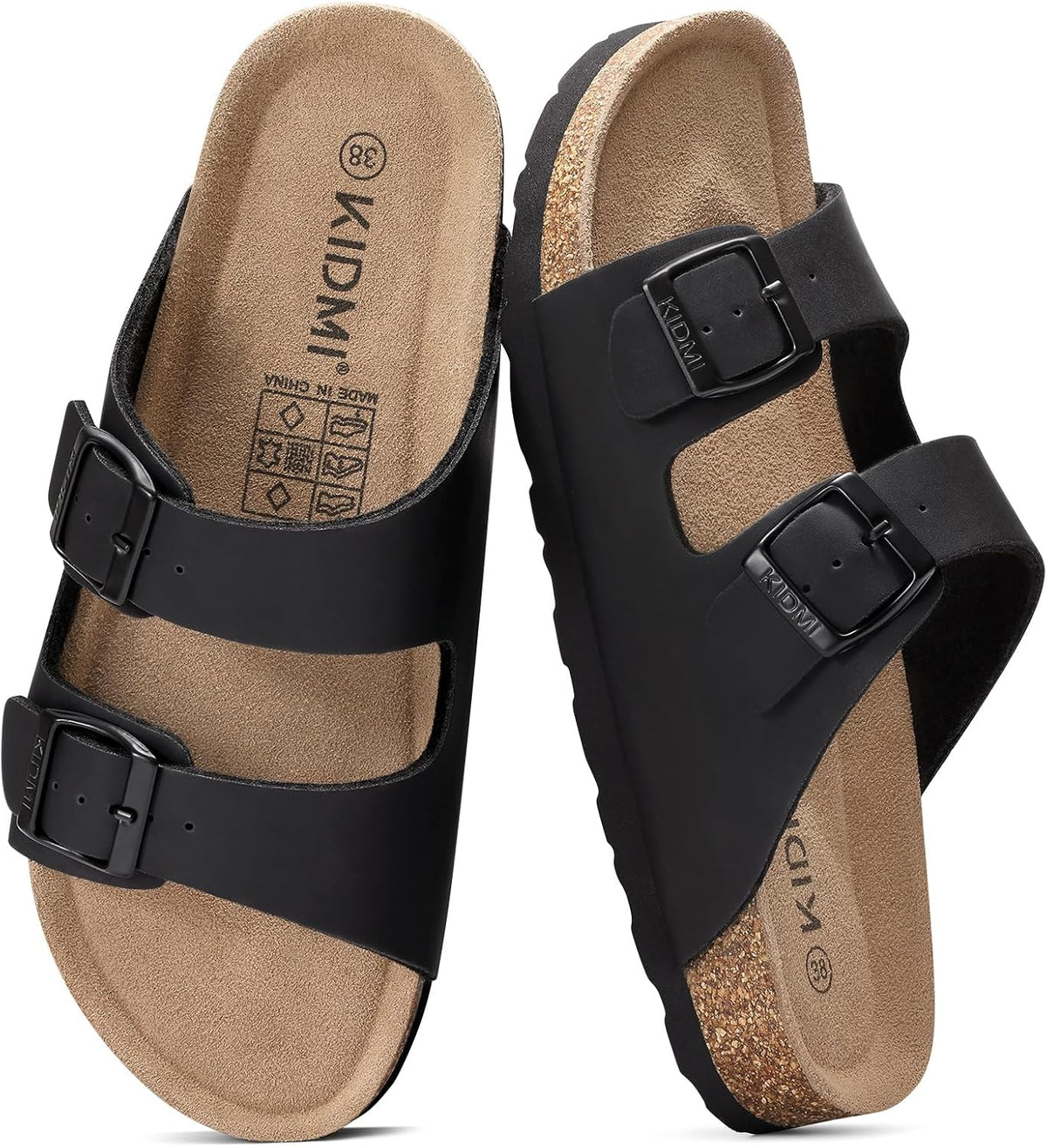 Cork Footbed Slide Sandals - Double Adjustable Buckle Straps with Mild Arch Support and Memory Foam Cushioning - 9 Women