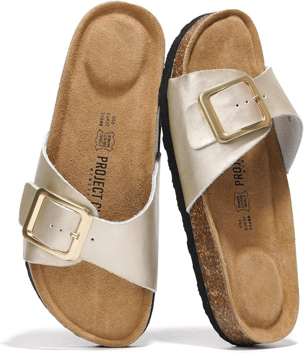 Women's Genuine Leather Slide Sandals - Memory Foam Insole and Buckle Strap for Everyday Summer Wear - 9