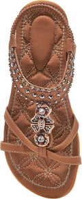 Women's Jeweled Bohemian Flat Sandals - Elastic Ankle Strap and Flat Sole for Weddings and Vacations - 6