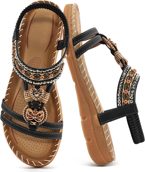 Women's Bohemian Flat Sandals - Ankle Strap and Cushioned Flat Sole for Outdoor Summer Walking - 6