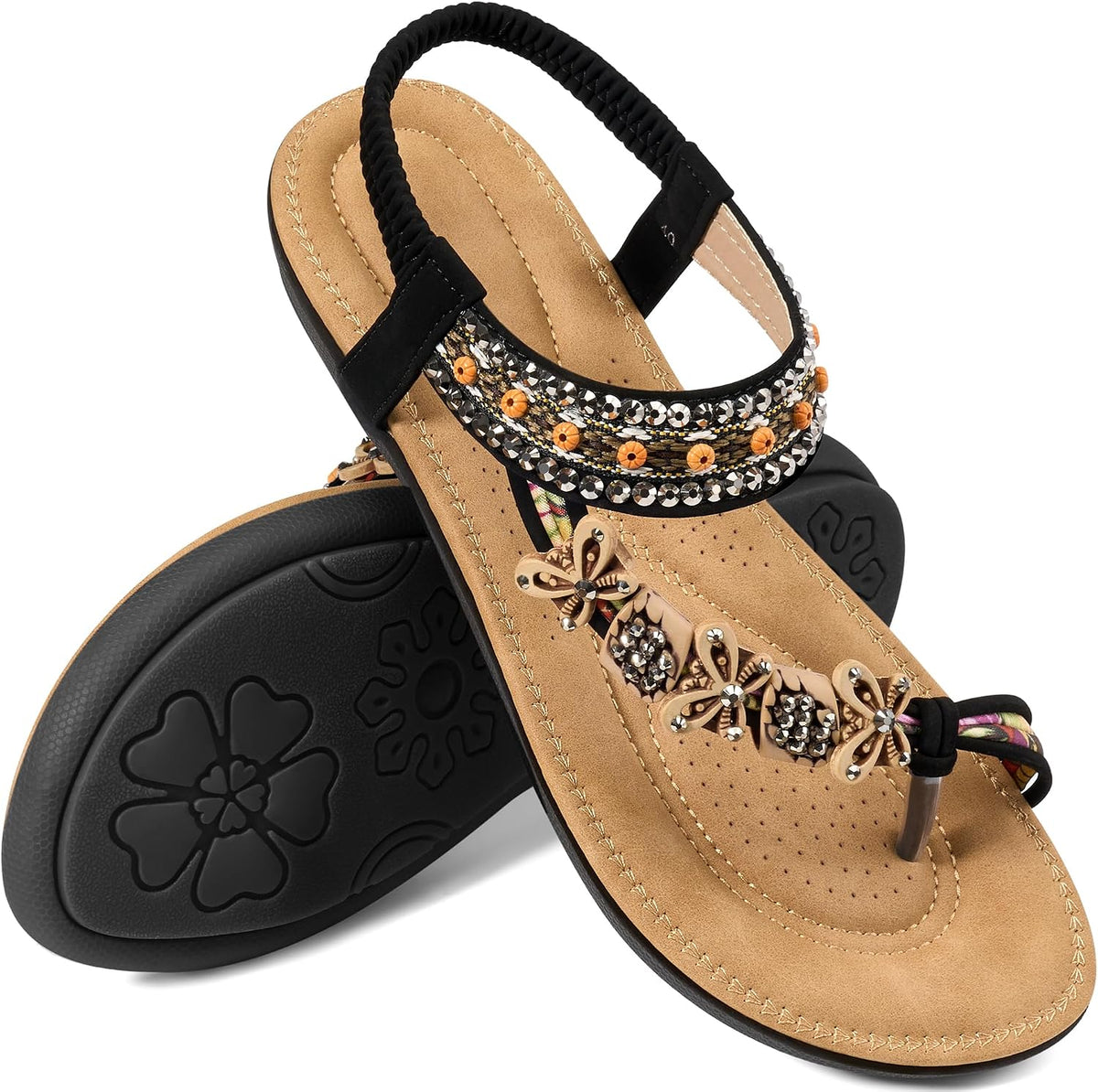 Women's Beaded Toe Ring Flat Sandals - Boho Straps and Flat Sole for Vacation and Daily Walking - 10