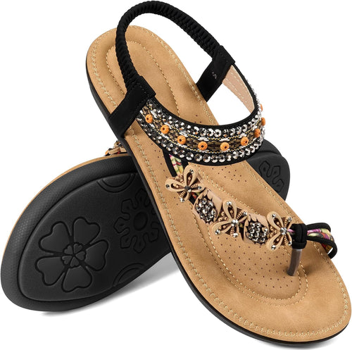 Women's Beaded Toe Ring Flat Sandals - Boho Straps and Flat Sole for Vacation and Daily Walking - 10