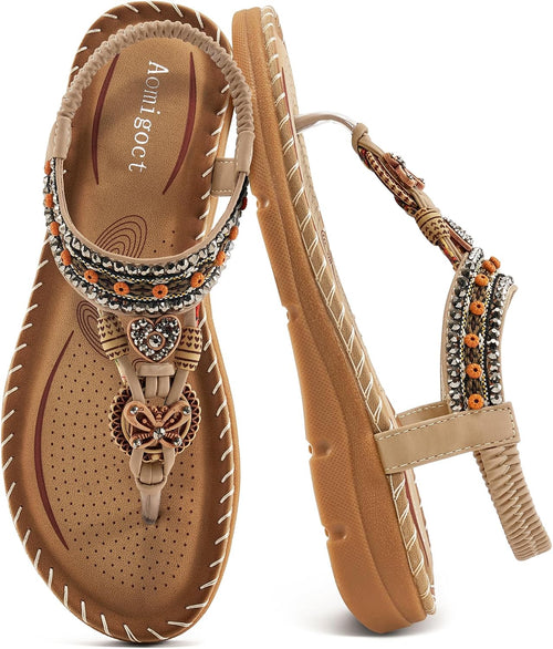 Women's Bohemian Flat Sandals - Ankle Strap and Cushioned Flat Sole for Outdoor Summer Walking - 6