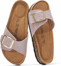 Women's Genuine Leather Slide Sandals - Memory Foam Insole and Buckle Strap for Everyday Summer Wear - 7