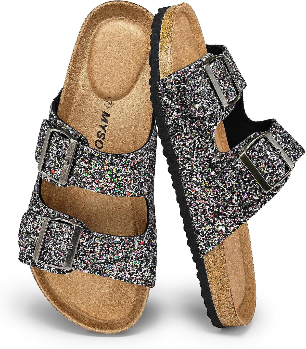 Women's Cork Footbed Flat Slide Sandals - Two Adjustable Buckle Straps and Lightweight Sole for Summer - 7